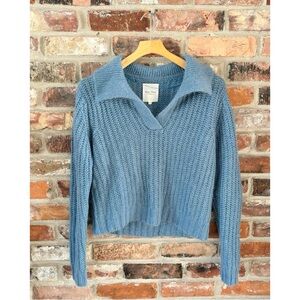 Part Two Blue Wool Blend V Neck Collared Pullover Sweater, M